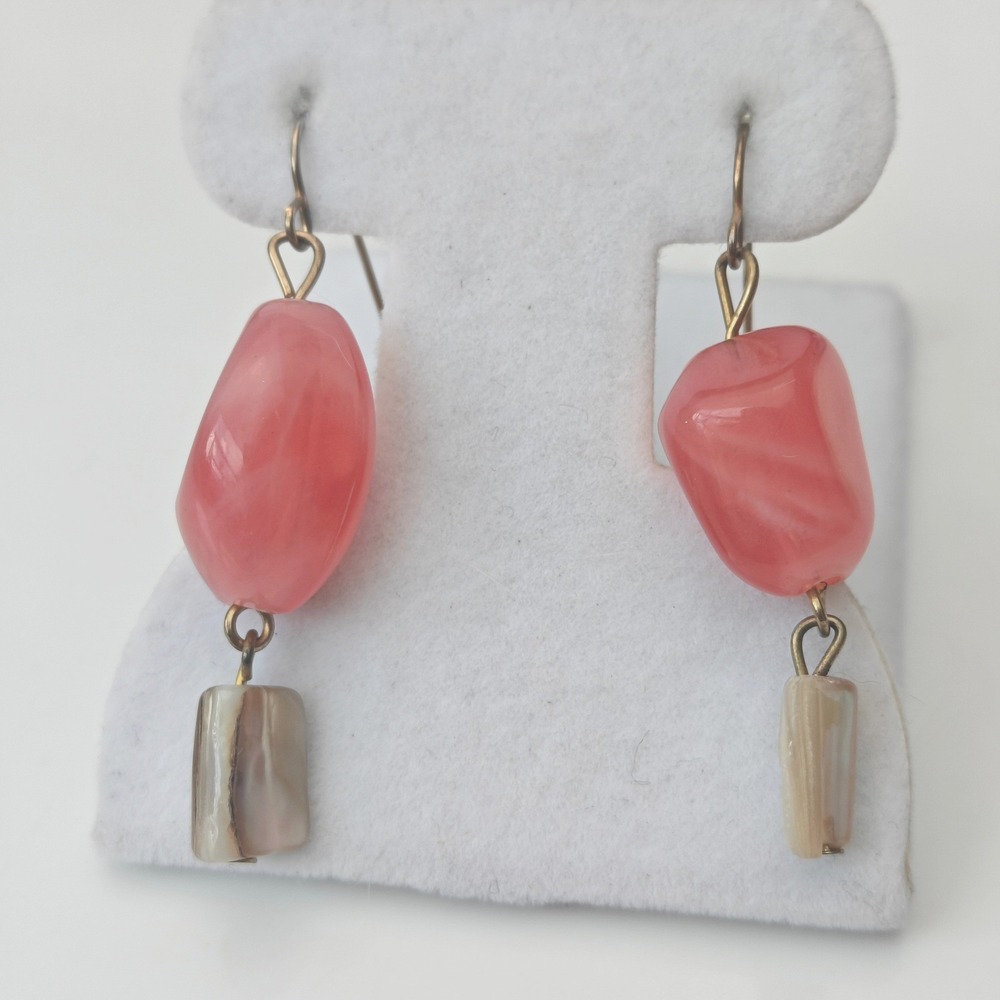 Coral Pink Resin Nugget Natural Shell Drop Earrings Bronze Silver Tone Hooks